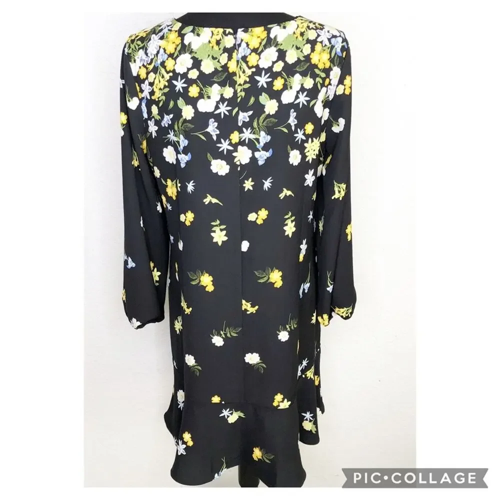 Ann Taylor Factory black yellow white floral long sleeve dress size Medium